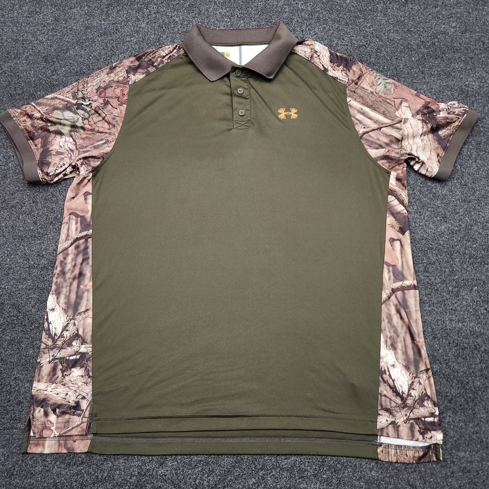 Under Armour Mens 2XL Green Brown Camouflage Polo Shirt Camo Hunting Outdoors